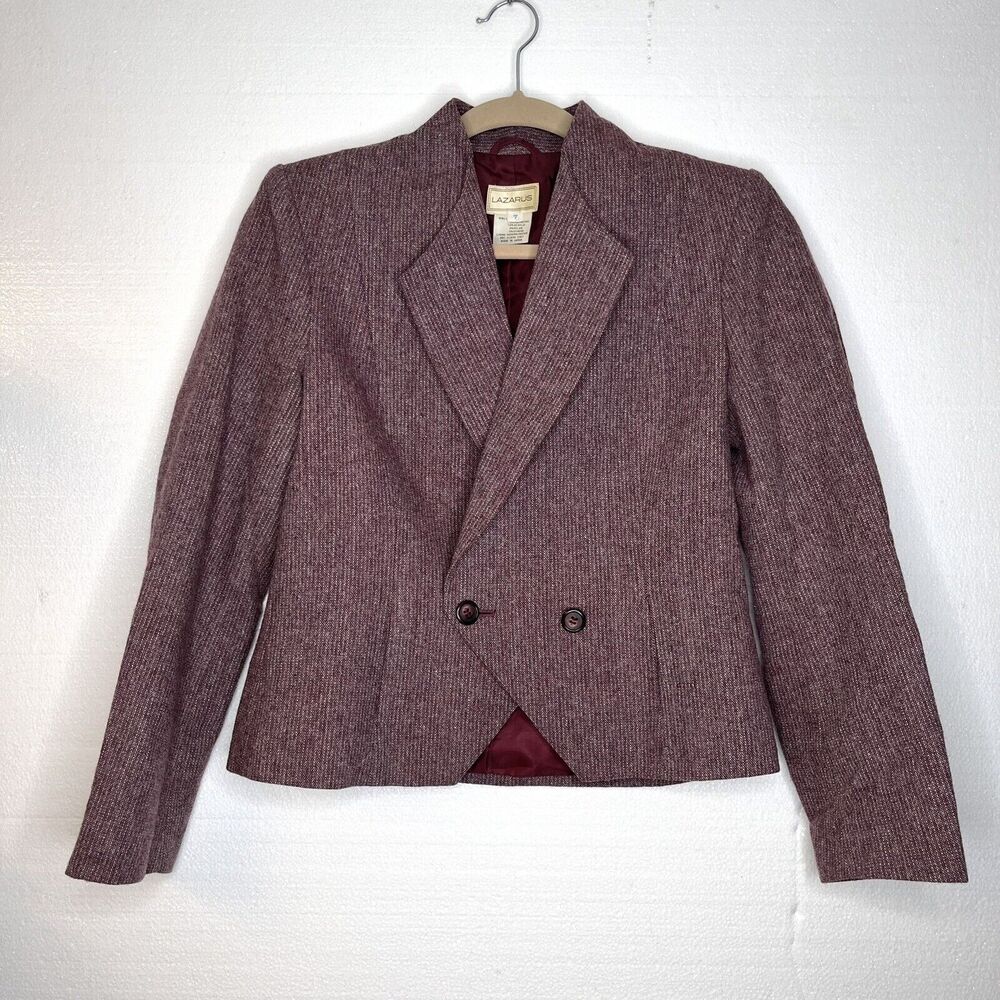 Lazarus Vintage Purple Tweed Wool Blend Double Breast Blazer Jacket size 7